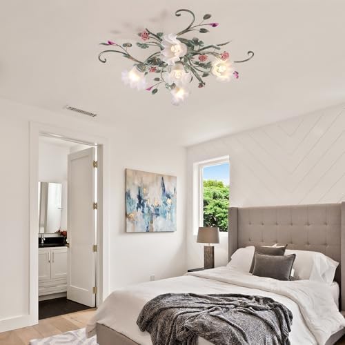 meibeileil Country Villa Ceiling Lights,Chandelier with Glass Lampshade and Pink Ceramic Roses,Vintage Flower Design Light Fittings Ceilings for Living Room Bedroom Restaurant Hallway