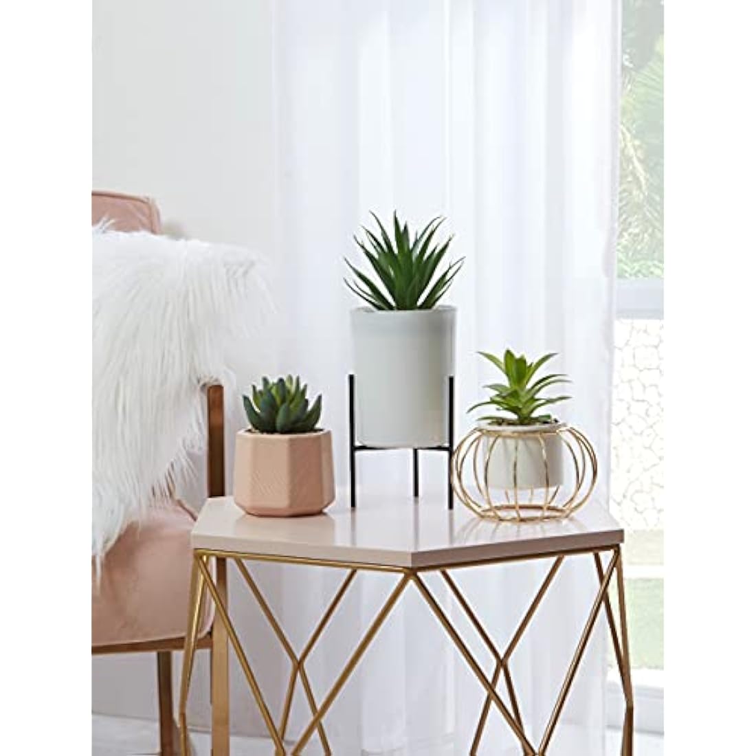 Sleepdown Halo Artificial Faux Plant for Home Office Bathroom Decor Indoor Decoration Aesthetics, Ceramic, Metal, Plastic, Green Succulent Pink Geo Pot - 932, Small
