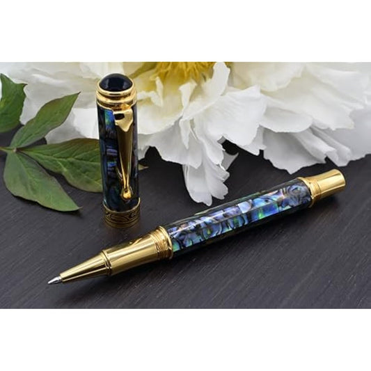 Xezo Maestro Fine Point Rollerball Pen, Iridescent Paua Sea Shell with 18 Karat Gold Plating. Handmade, Limited Edition, Serialized. No Two Alike