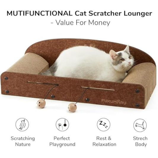 FUKUMARU Cat Scratcher Lounge - 66cm Long Durable Cardboard Lounger with 2 Reversible Pads, Recyclable, Bell Ball Toy