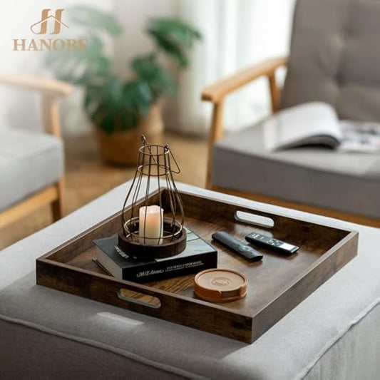 Hanobe Serving Tray Ottoman Large: Decorative Wooden Trays with Handles for Coffee Table - Vintage Brown Square Wood Platter over Footstool Living Room Decor Display Extra 50 cm