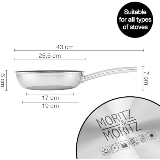 Moritz & Moritz Stainless Steel Pan Honeycomb Structure 24cm with The Latest Generation Ceramica Coating - Suitable for All Hob Types - Non-Stick Pan with Round Rim for Cooking, Frying and Braising