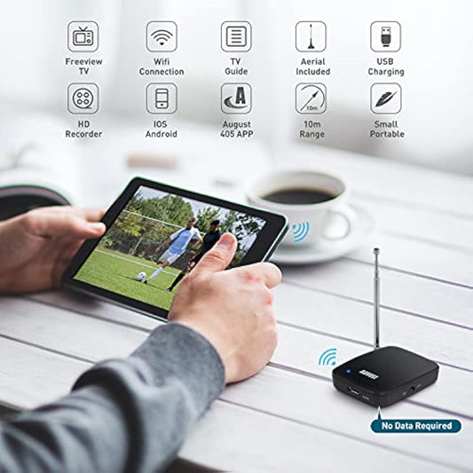 August DVB-T405 1080p Portable Freeview TV for iOS and Android - Watch and Record Live Freeview on Phones and Tablets/No Mobile Data or WiFi Required - Rechargeable Battery