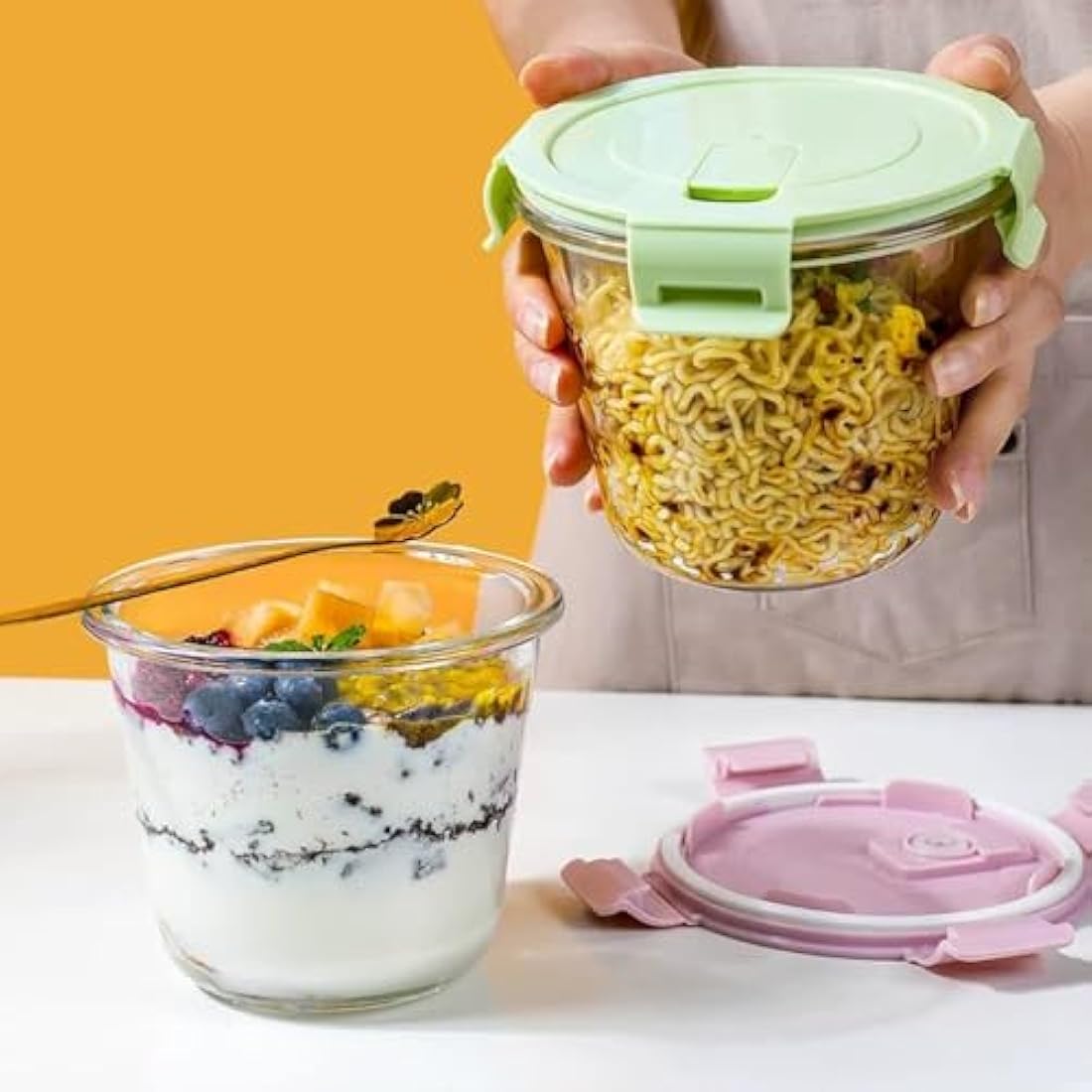 S.ROKE TTAN 710ML Round Glass Soup Storage Containers With Lids, Glass Food Containers With Lids, Round Food Containers for Soup, Lunch, Salad, Leftovers, BPA Free,Freezer, Oven,Dishwasher Safe (4)