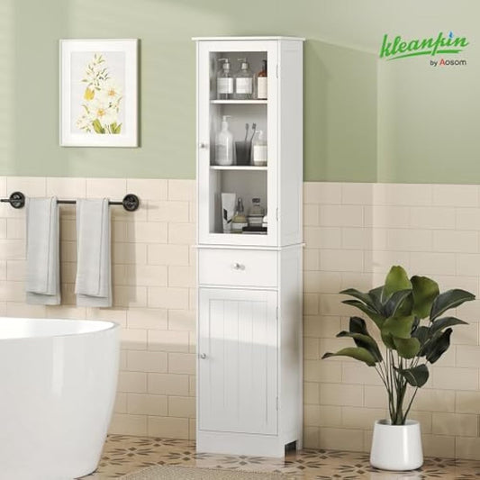 kleankin Bathroom Storage Cabinet with 3-tier Shelf Drawer Door, Floor Cabinet Free Standing Tall Slim Side Organizer Shelves, White