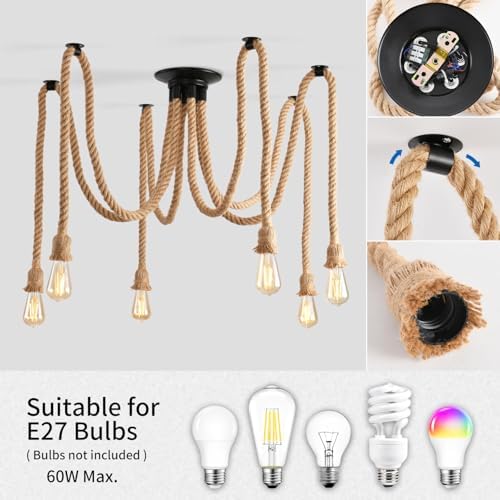 ANWIO 6 Heads Spider Light Chandelier,Pendant Lighting Ceiling,DIY Spider Rope Ceiling Lights,Bedroom Light Shades,Industrial Hanging Ceiling Lights,Hanging Light Fitting,Loft Lighting(1PCS)