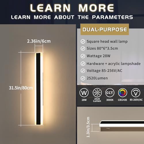 Mikeru IP65 Outdoor Wall Lights, 80CM LED Long Wall Light 2Pack 28W Modern Garden Wall Lights Mains Powered 3000K Warm White Garden Fence Lights Hard-Wired for Exterior Walls, Courtyards