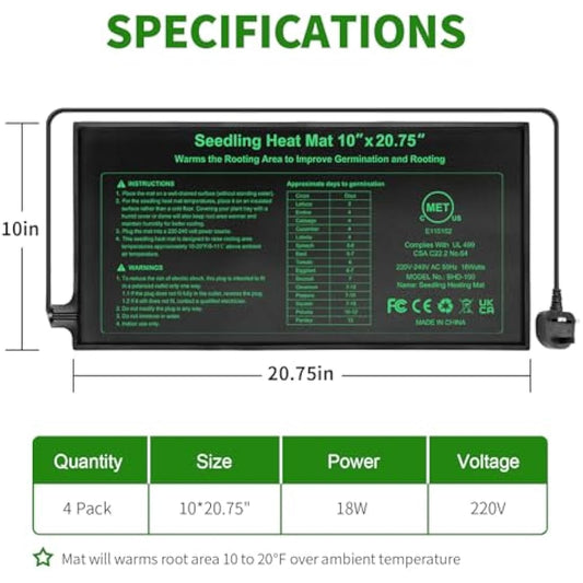 RC SLL Seedling Heat Mat 10" x 20.75",Waterproof Plant Hydroponic Heating Mat for Seed Starting,Plant Germination and Reptile with Power-Off Protection(4 Pack)