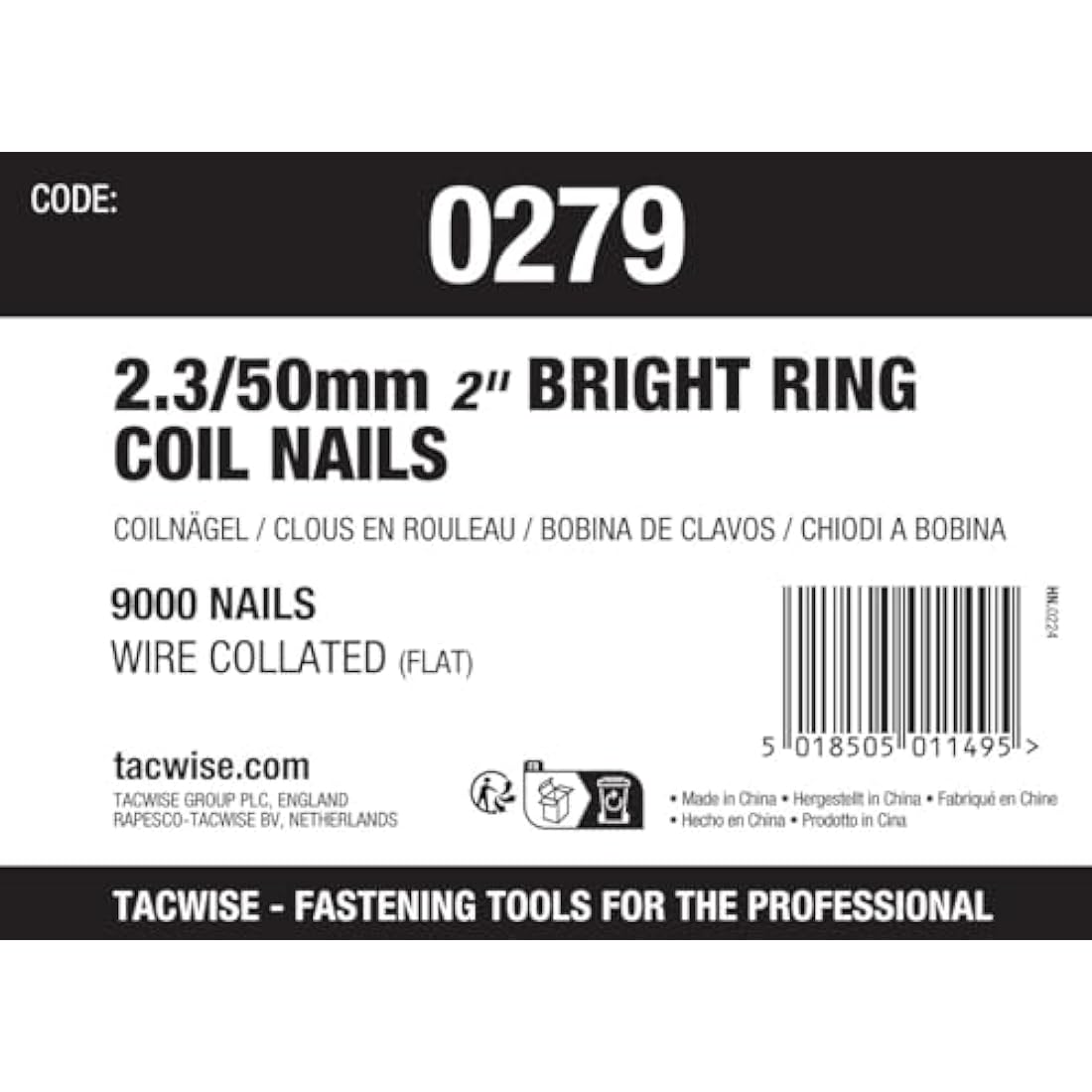 Tacwise 0279 Bright Flat Top Coil Nails Type 2.3 x 50 mm, Diamond Point, Ring Shank, 16° Inclined, Wire Collated, Pack of 9000