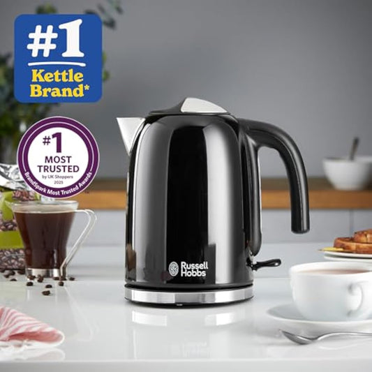 Russell Hobbs Black Stainless Steel 1.7L Cordless Electric Kettle with black handle (Fast Boil 3KW, Removable washable anti-scale filter, Pull to open hinged lid, Perfect pour spout) 20413