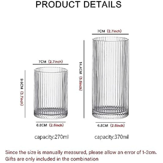 INSETLAN 370ml Drinking Glasses Set of 4,Vintage Ribbed Cup Glassware,Origami Style Transparent Cocktail Glasses Set, Bar Beverages Iced Coffee Cup Juice Ripple (L-370ML)