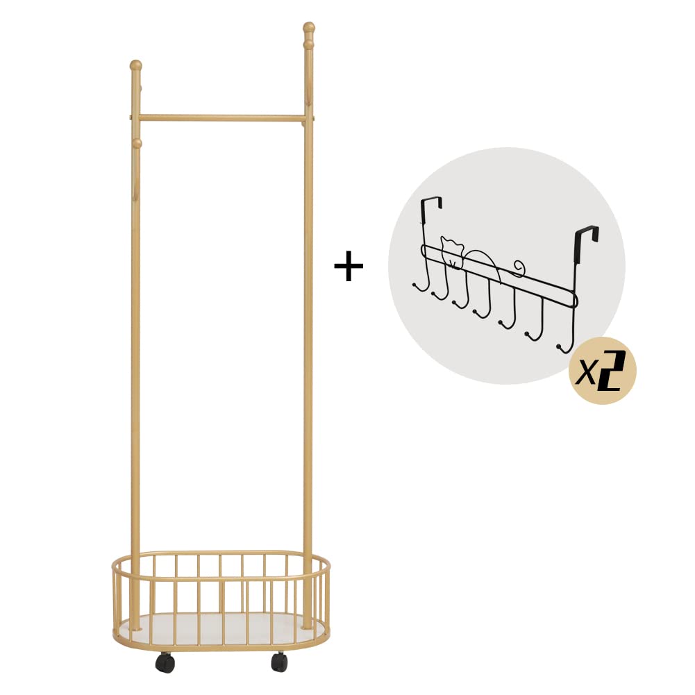 Cre Cra Golden Clothing Rack with Wheels Rolling Clothes Rack with Storage Basket Metal Moveable Coat Rack Stand Modern Garment Rack for Hanging