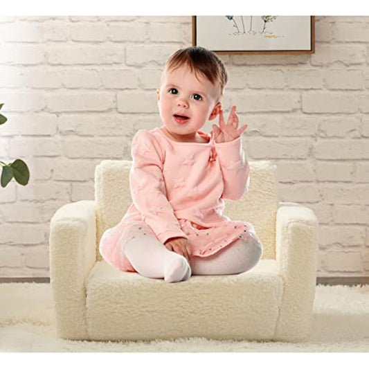 BEJOY Kids Sofa Bed 2-in-1 Flip Out Cuddly Sherpa Toddler Couch Convertible Chair to Lounger Children Sofa Bed Children's Day and Birthday Gift for Girls Boys, White