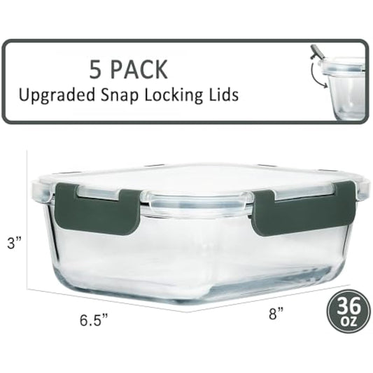 MCIRCO Glass Meal Prep Containers with Lids 1040ml Airtight Glass Food Storage Containers, Set of 5