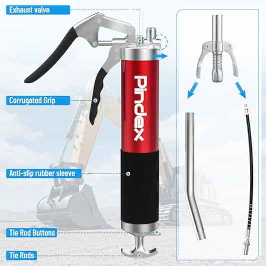 Pindex Heavy Duty Grease Gun Set with G Coupler Quick Release Lock, Manual Pistol Grip Grease Gun Tool with Fittings Ends Nozzle Hose for 400g Cartridge