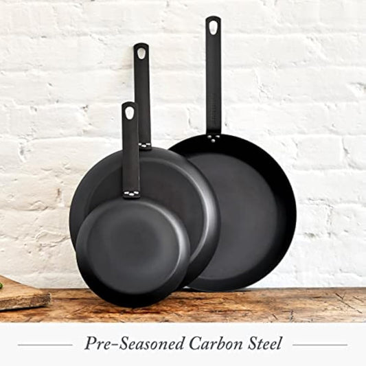 Merten & Storck Pre-Seasoned Carbon Steel Induction 26cm Frying Pan Skillet, Non-Stick with Use, Oven Safe and Broiler Safe up to 315°C, Browning, Grill, Sear, Saute, Black