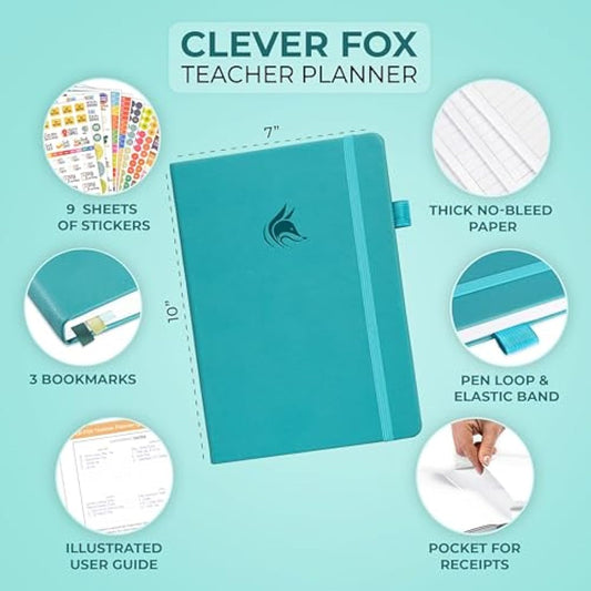 Clever Fox Teacher Planner – School Year Planner with Calendars & Lesson Plans – Teacher Plan Book for Classroom & Homeschool Organization - Undated, 18x25cm, Hardcover (Turquoise)