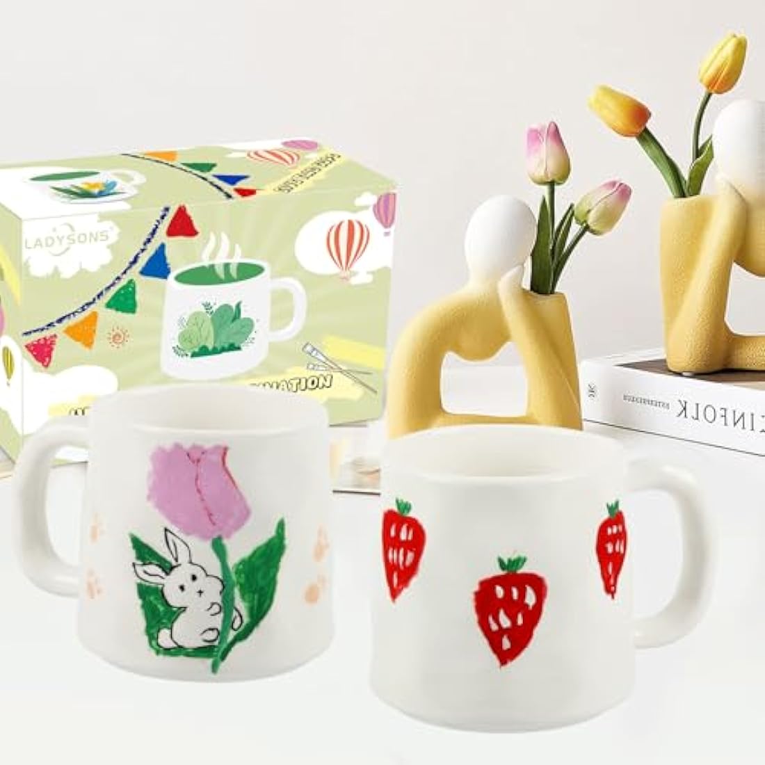 Paint Your Own Mug Set, Pottery Painting Kit for Adults, Art and Crafts Kit Includes Mugs, Brushes, Paints and Painting Inspiration Guide, Personalised Gift for All(2 Pack)