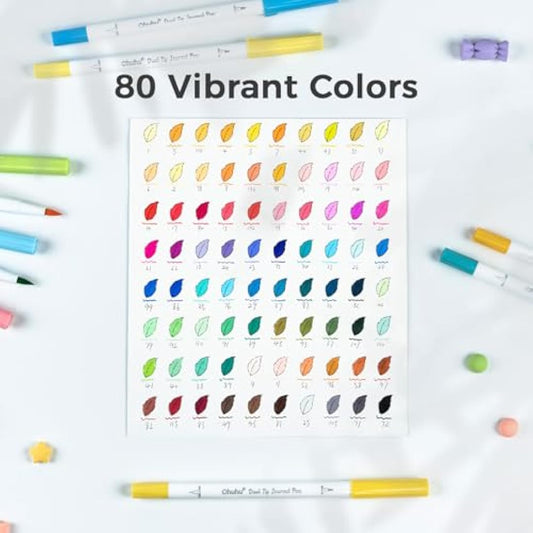 Ohuhu 80 Colours Dual Tip Brush & Fineliner Art Markers - Premium Journaling Pens for Bullet Journals, Calligraphy & Lettering - Water-Based Colouring Markers for Adults, Card Making & Art Projects