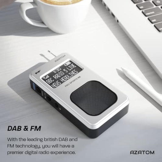 Portable DAB/DAB+ & FM Digital Radio | Sports Earphones Included | Built in Speaker | Rechargeable Battery (10-12 Hours) | Perfect for Sports, Hiking or Working | AZATOM Pro Sports S2 (Silver)
