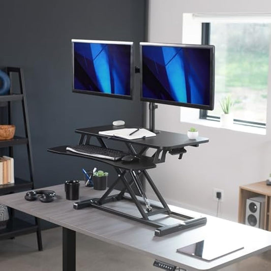 VIVO Height Adjustable 81 cm Standing Desk Converter with Dual 13 to 30 inch Monitor Stand, Sit Stand Monitor Mount and Desk Riser, Black, DESK-V000K-M2
