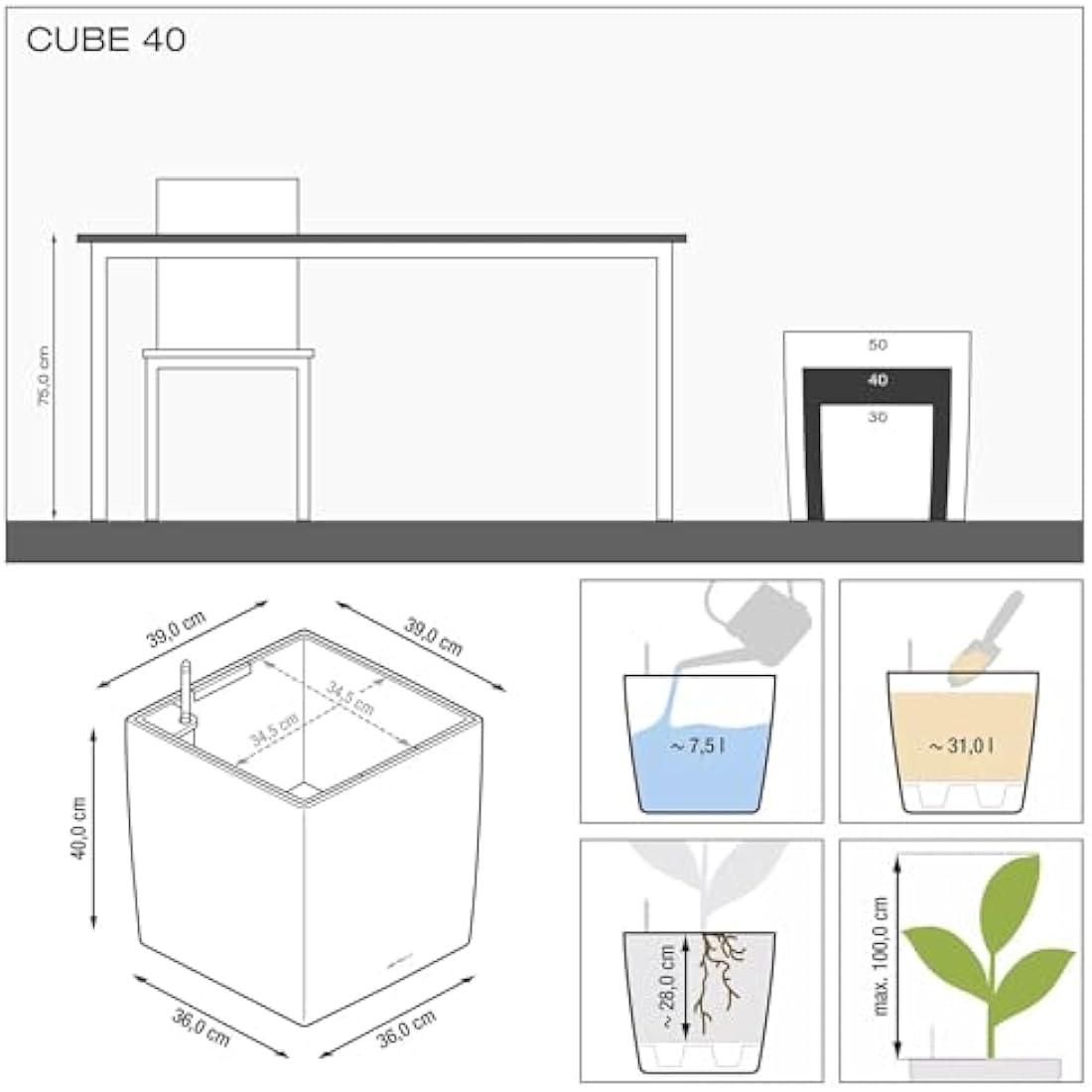 Lechuza Self Watering Plant Pot CUBE 40 Garden Flower Indoor and Outdoor Plastic Planter with Drainage Hole H40 L40 W40 cm White High-Gloss