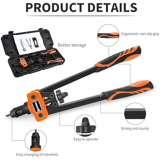 HARDELL Rivet Tool Kits, Rivet Nut Pliers Set, 14" Heavy Duty Hand Rivnut Gun with 150 Rivet Nuts and M3 M4 M5 M6 M8 M10 6 Metric Mandrels,Heat-treated Alloy Steel better for Thick Sheet Steel