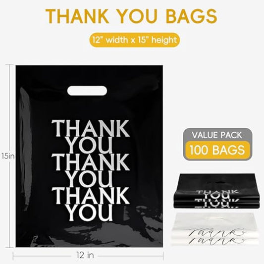 100 Pack Thank You Carrier Bags - 30x38cm Merchandise Retail Plastic Carrier Bags with Handles for Shopping, Gifts, Boutique, Stores, Business, Market Stall, Trade Shows, Wholesale (Black+ White)