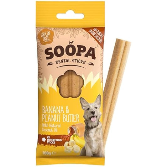 Soopa Grain Free Banana and Peanut Butter Dental Dog Treats, 4 Sticks