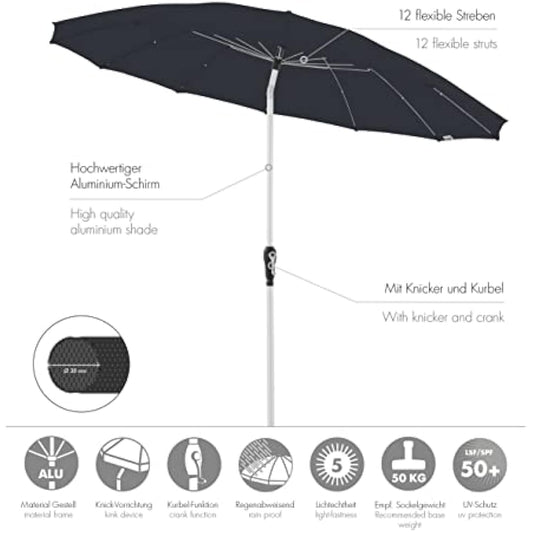 Doppler Asia Look SL-AZ Auto Tilt Parasol, 250 cm, Anthracite, Garden Umbrella, Bendable, Crank Umbrella with UV Protection 50+, Aluminium Crank Umbrella, Rain-Repellent Polyester Canopy