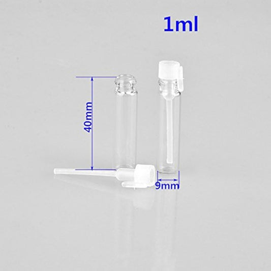 Enslz 100Pcs Mini Sample Cute Glass Travel Oil Perfume Bottle with Drop& Vials Empty Sample Bottle for Essential Oils Aromatherapy… (1ml)