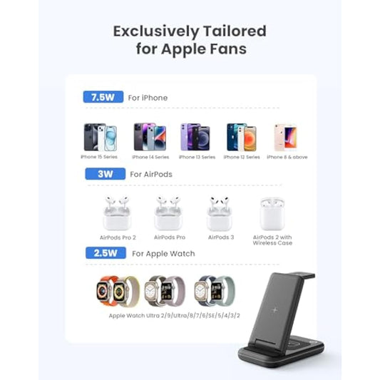 GEEKERA Wireless Charger, 3 in 1 Wireless Charging Station for iPhone 16/15/14/13/12/11/Pro Max/XS/XR/X, Watch Charger Stand for Apple Watch 10/Ultra/9/8/7/6/5/4/3/2/SE, AirPods 4/Pro/3/2-Carbon Black