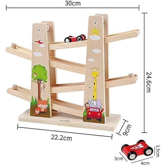Wooden Car Ramp Toy Zig Zag Cars Slide|Toddler Toys Wooden Race Track with 4 Wood Cars for 1 2 Year Old Boy Gifts