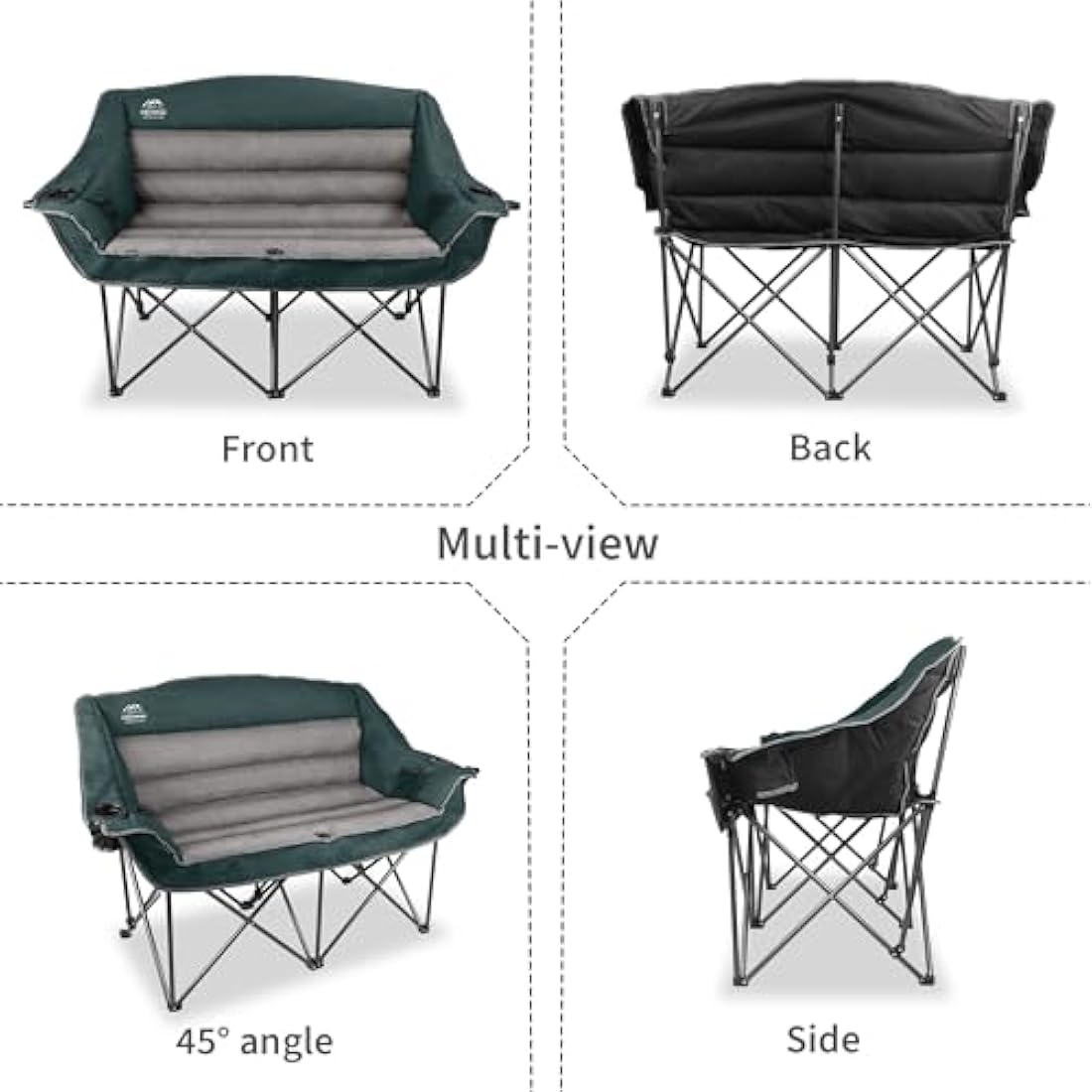 LANMOUNTAIN Fully Padded Folding Double Camping Chairs,Comfy Oversized Loveseat Lawn Chair w/Wine Glass Holder,Cup Holder,Heavy Duty Outdoor Portable Camp Couch Support 600 Lbs,Dark Green