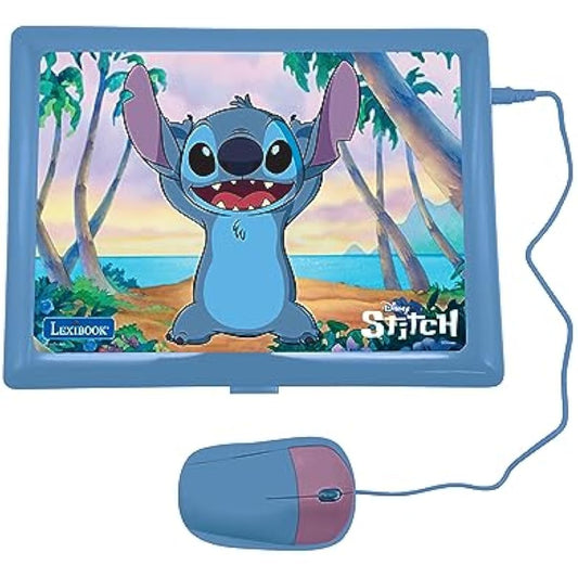 LEXIBOOK, Disney Stitch, Bilingual English/French Educational Laptop, 124 Language Activities, Writing, Maths, Logic, Music and Games, Boys and Girls, Purple/blue, JC598Di1