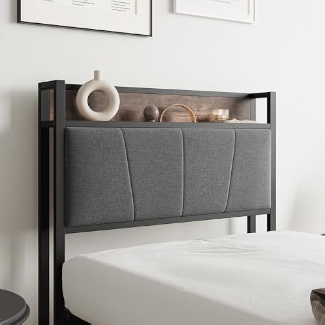 BORPHOM 3ft Single Bed Frame with Storage Headboard,Heavy Duty Metal Upholstered Platform Bed Frame,Mattress Foundation/Strong Steel Slat Support/Under-bed Storage/Easy Assembly