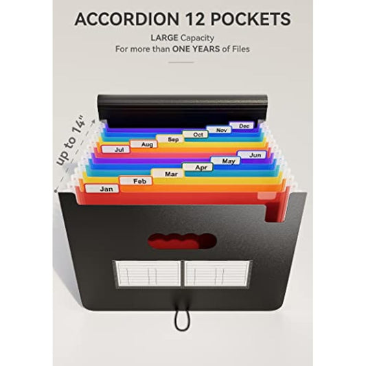 ABC life Expanding File Folder Accordion File Organiser 12 Pockets, Portable A4 Desktop Document Filling Box, Plastic Rainbow Expandable Bag, Accordian Bill Receipt Paper Organiser with Colored Labels