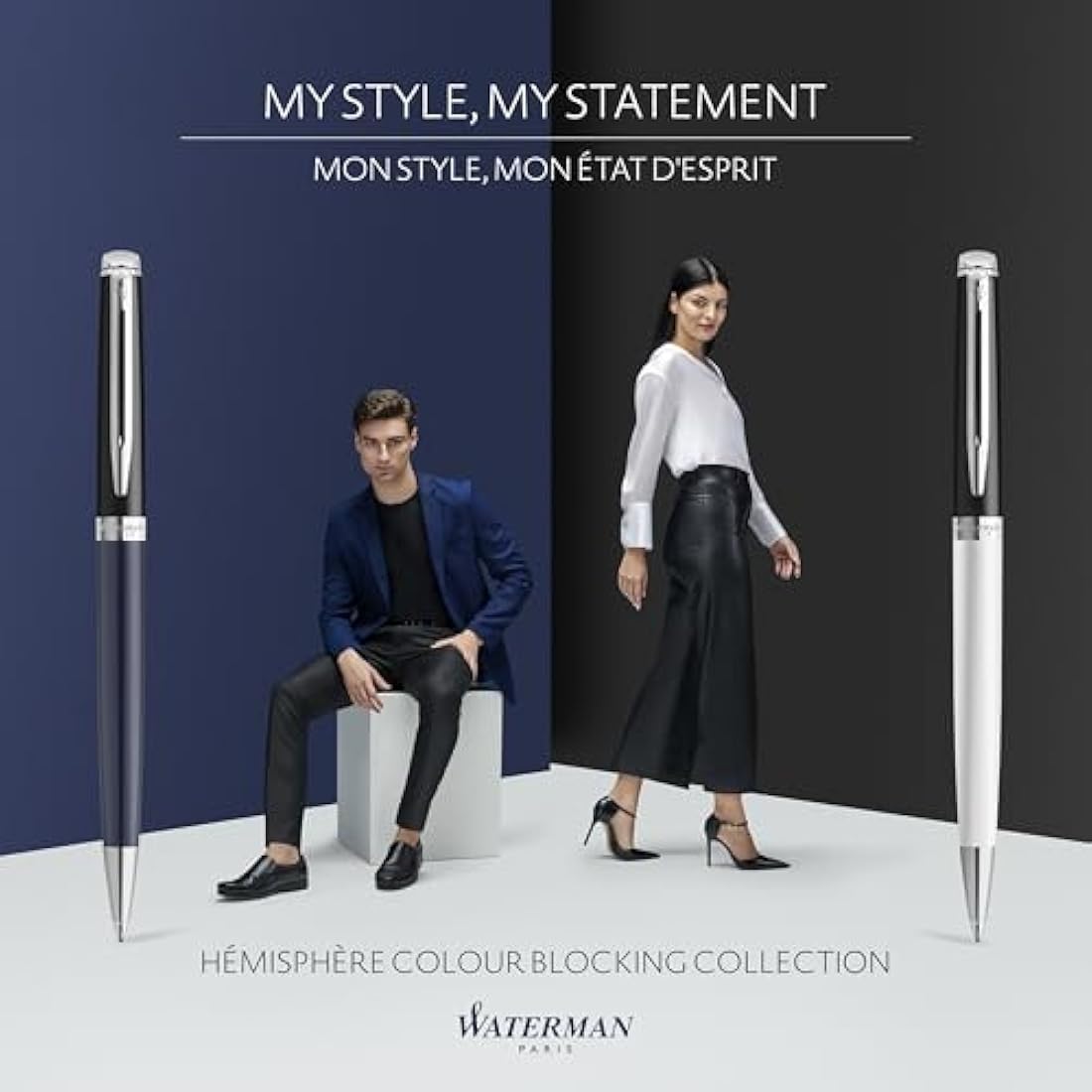 Waterman Hémisphère Fountain Pen | Black & White Lacquer with Palladium Coated Trim | Stainless steel Fine Nib | Blue Ink | Gift Box