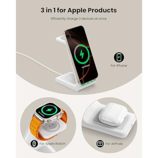 GEEKERA Wireless Charger, 3 in 1 Wireless Charging Station for iPhone 16/15/14/13/12/11/Pro Max/X/8, Phone and Watch Charger Stand for Apple Watch Ultra/10/9/8/7/6/5/4/3/2/SE, AirPods Pro/4/3/2-White