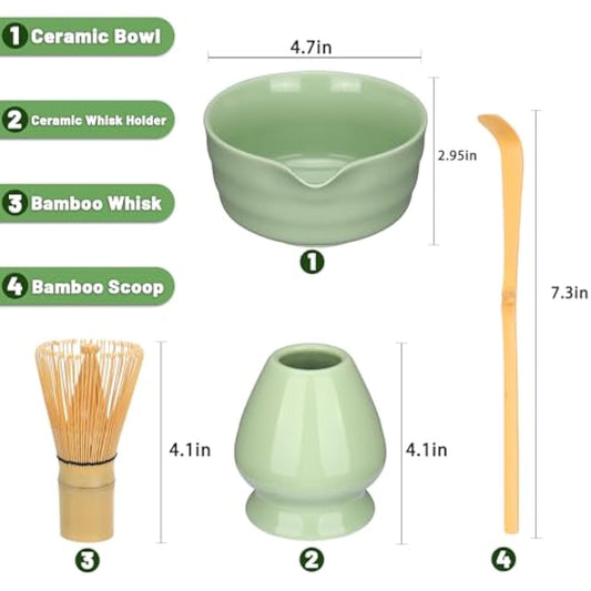 Geebuzz Matcha Whisk Set - Matcha Bowl and Bamboo Matcha Whisk, Scoop, Spoon, Sifter, Whisk Holder, 6pcs Perfect Matcha Starter Kit for Matcha Tea Ceremony (B Green)