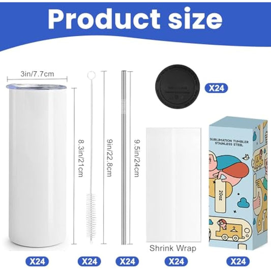 Cafultgo 20OZ Sublimation Cup, Set of 24 Sublimation Blanks Skinny Tumbler 20 OZ White Straight Bulk Stainless Steel Tumbler, with Lid and Straw, Shrink Wrap, Individually Boxed, Blank White(24PCS)