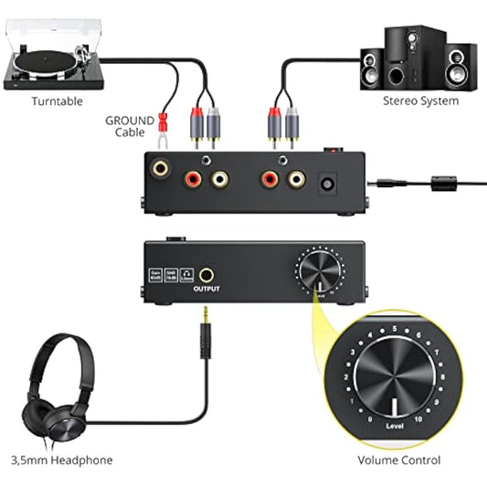 PROZOR Phono Preamp - Preamplifier for M/M Turntable RCA Input & RCA 3.5mm Output Phono Amplifier with Volume Control Pre AMP with 12V 1A Power Adapter Only for M/M Turntable Record Player