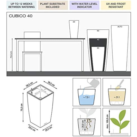 Lechuza CUBICO 40 Self Watering Planter Garden Plastic Indoor and Outdoor Flower Plant Pot with Drainage Hole H75 L40 W40 cm Charcoal Metallic