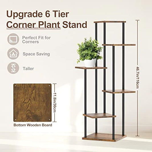 LyTaispuly 6 Tier Tall Corner Plant Stands Indoor Outdoor, 115cm Large Metal Wood Plant Stand Flower Shelf for Multiple Plants, Tiered Plant Holder Rack for Balcony Garden Patio Living Room (Black)