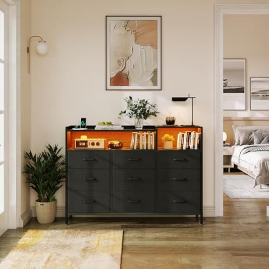 ODK Black Chest of Drawers Bedroom, Dresser Cabinet with 2 Sockets, 2 USB Ports and 10 Colored LED Strips, Chest Drawers with Shelf 9 Fabric Drawers for Bedroom Living Room, 130 * 30 * 97cm