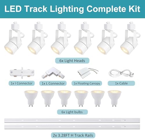 Bravsekai Advanced LED Track Lighting Kit with Replaceable GU10 Bulbs, 6-Lights Dimmable Track Lights with 2x1m H Type Track Rails, 10W 3000K Warm White Indoor Spotlight Fixture for Any Space