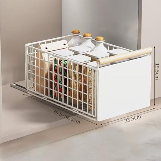 Pull Out Cabinet Organiser, pull out kitchen storage Foldable, 23.5*19.5*39.5~56.5cm, Kitchen Cupboard Organiser with Handle, No Drill Adjustable Drawers, Slide Out Drawers for Kitchen Cabinets, White
