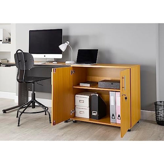 MMT Beech Storage Cabinet 2 Door with Adjustable Shelf, 75cm Tall Office Storage Cupboard, Lockable Cupboard for Home and Office, Sideboard for Study