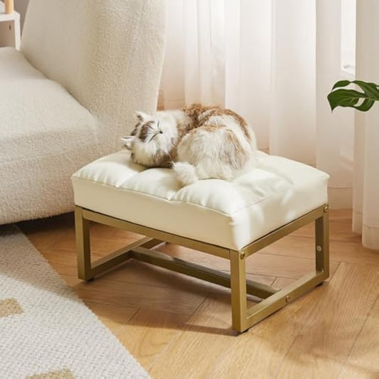 Aibiju Small Footstool Ottoman, Rectangle Faux Leather Footstool with Gold Metal Frame, Change Shoes Stool for Living Room, Bedroom, Entryway Office, White YD-JD139W