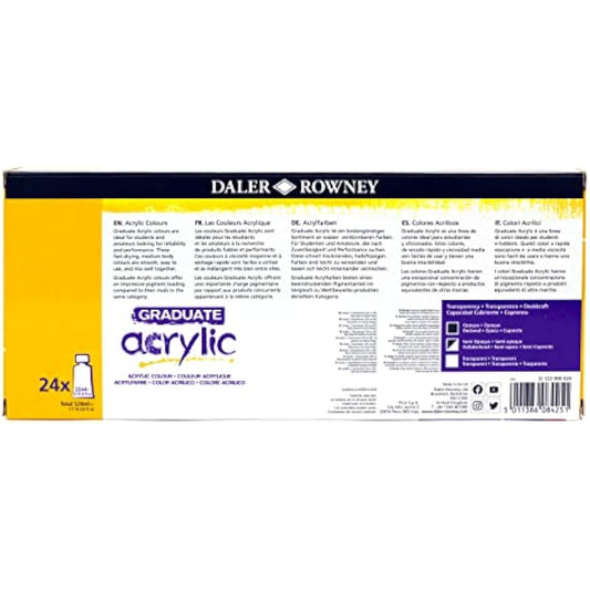 Daler-Rowney Graduate 22ml Acrylic Paint Set, 24 Assorted Colours, High Lightfastness, Water-Based, Solvent-Free, Ideal for Student Artists & Hobbyists